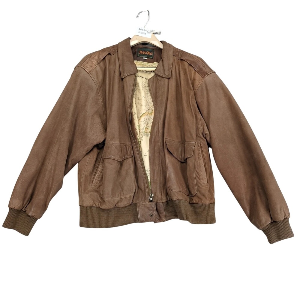 Vintage 90s British Mist Brown Leather Bomber Jacket Mens L Korea *Broken Zipper